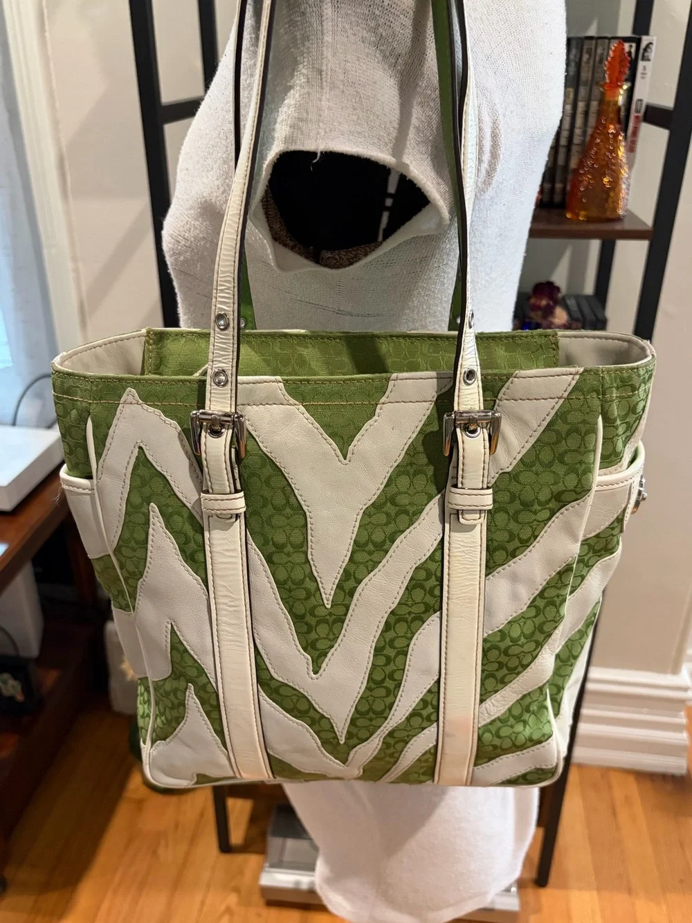 Coach Green and White Zebra Print Tote - 2555